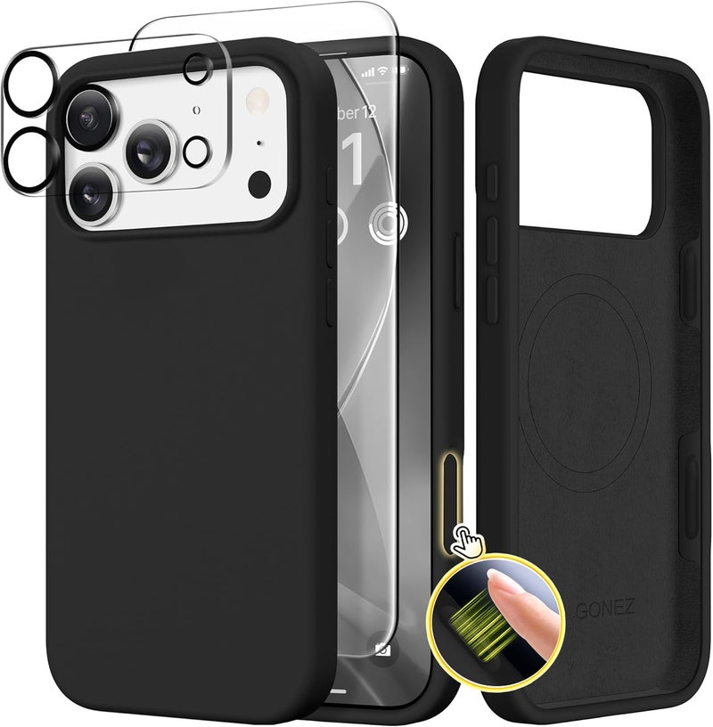 GONEZ Magnetic for iPhone 17 Pro Max Case, Compatible with MagSafe, [Screen Protector + Camera Lens Protector], Liquid Silicone Anti-Scratch Shockproof Protective Phone Case 6.9 inch, Black - Image 1